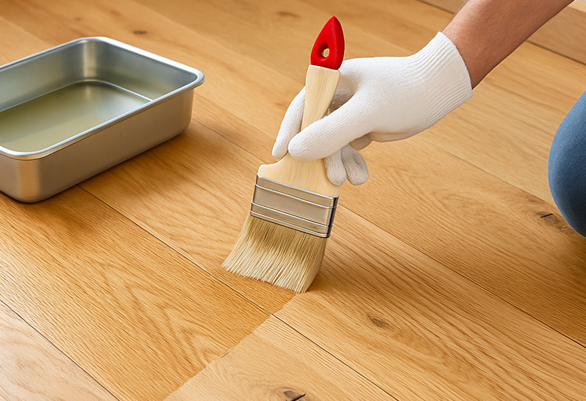 Απεικονίζεται τοποθέτηση τοu διαλυτικού στο δάπεδο με τη χρήση πινέλου.